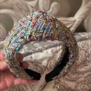 Multicolor Tweed Headband with gold tinsel